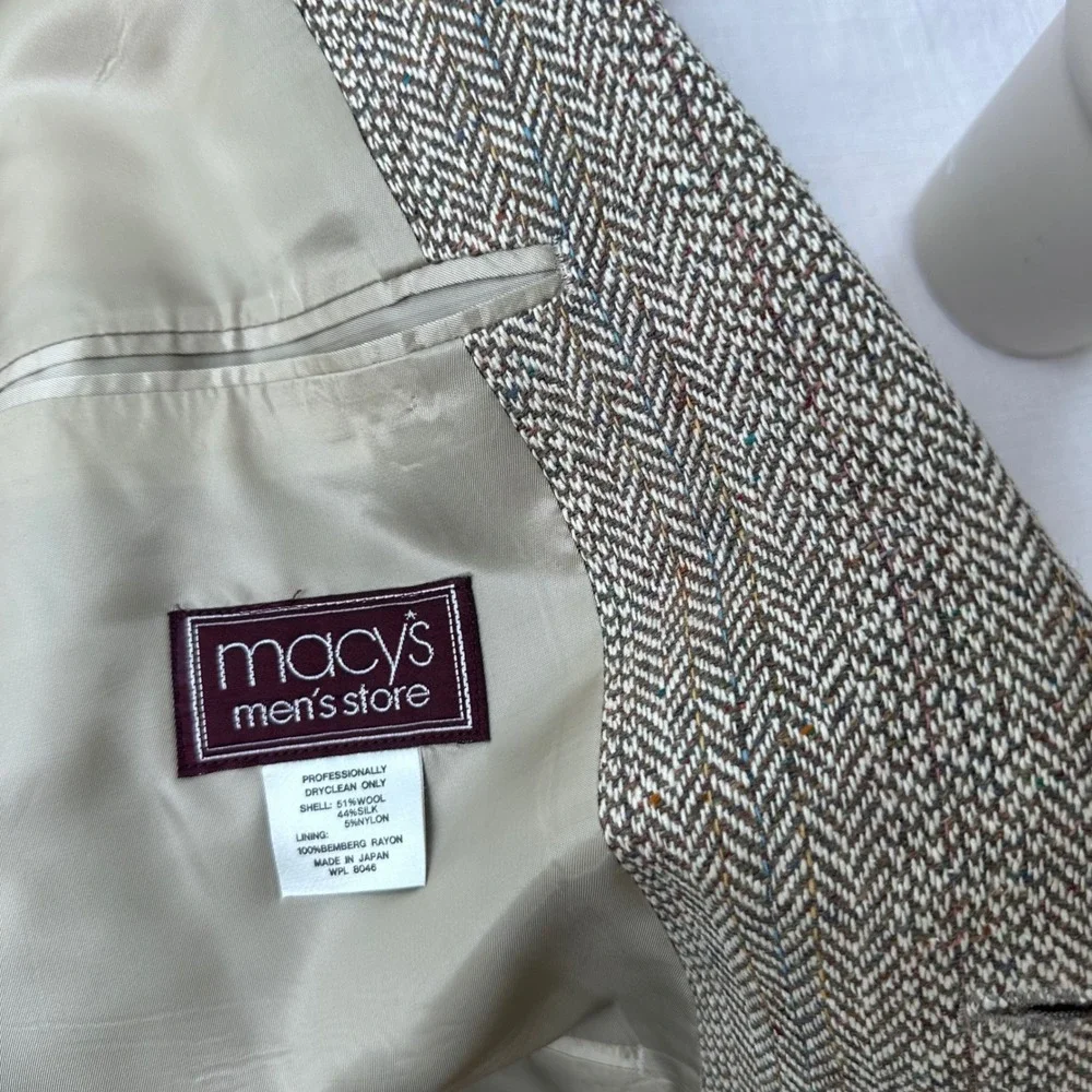 Vintage Macy's 90s Herringbone Wool Silk‎ Blazer Donegal Tweed Japan Men's 44R